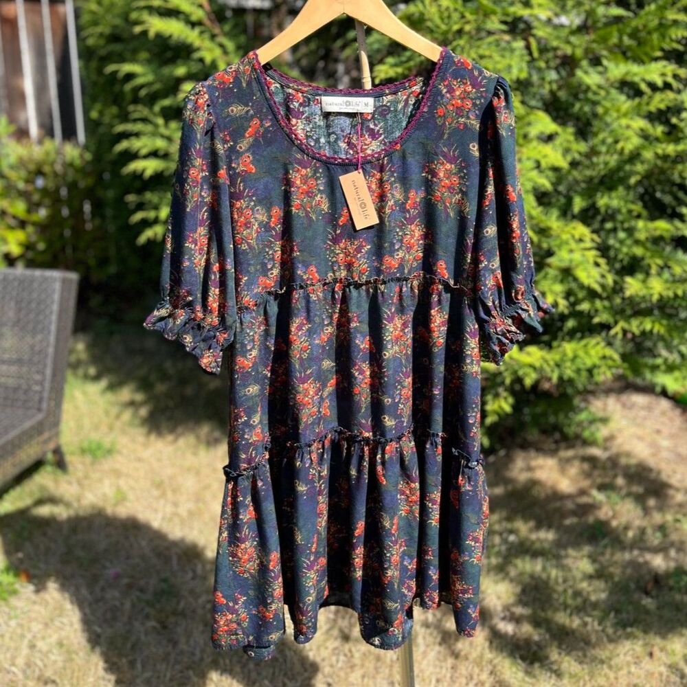 Natural Life Navy Floral Peacock Feather Babydoll Mini Dress Tunic Cottagecore